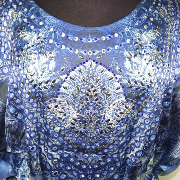 Avenue Blue Floral Beaded Tie Dye/Ombre Kaftan Style Dress, Plus Size 22-24 - Picture 4 of 8